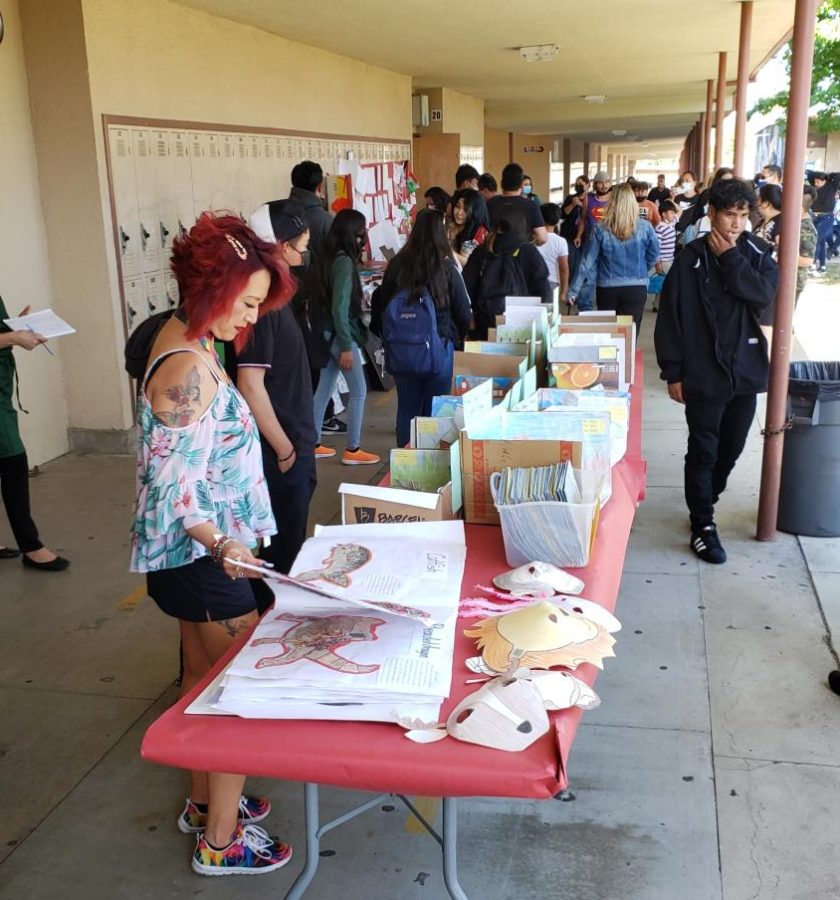 Student work is on display near the quad during Open House.